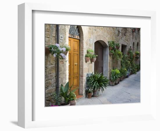 Flower Pots and Potted Plants Decorate a Narrow Street in Tuscan Village, Pienza, Italy-Dennis Flaherty-Framed Premium Photographic Print