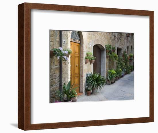 Flower Pots and Potted Plants Decorate a Narrow Street in Tuscan Village, Pienza, Italy-Dennis Flaherty-Framed Photographic Print