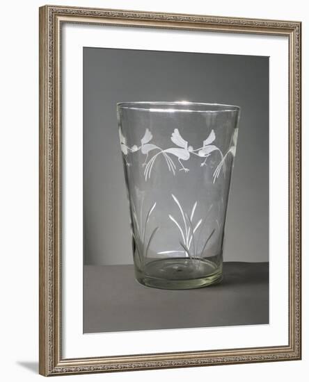 Flower Vase in White Glass with Engravings around the Rim Depicting Marsh Grasses and Wading Birds-null-Framed Giclee Print