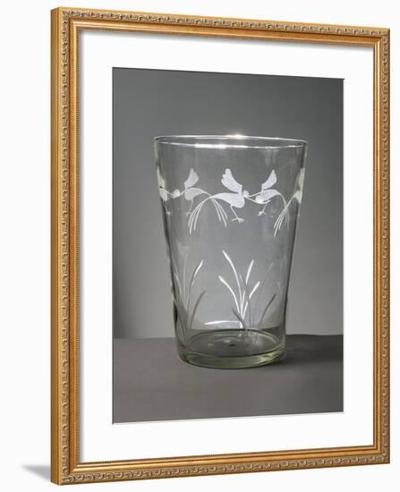 Flower Vase in White Glass with Engravings around the Rim Depicting Marsh Grasses and Wading Birds-null-Framed Giclee Print