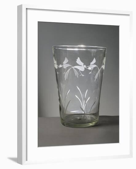 Flower Vase in White Glass with Engravings around the Rim Depicting Marsh Grasses and Wading Birds-null-Framed Giclee Print