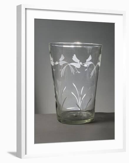 Flower Vase in White Glass with Engravings around the Rim Depicting Marsh Grasses and Wading Birds-null-Framed Giclee Print