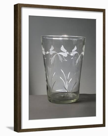 Flower Vase in White Glass with Engravings around the Rim Depicting Marsh Grasses and Wading Birds-null-Framed Giclee Print