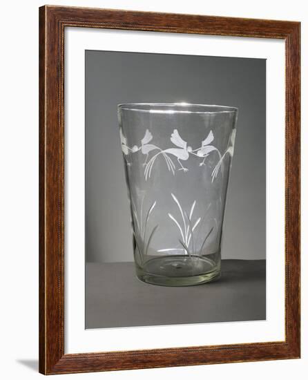 Flower Vase in White Glass with Engravings around the Rim Depicting Marsh Grasses and Wading Birds-null-Framed Giclee Print