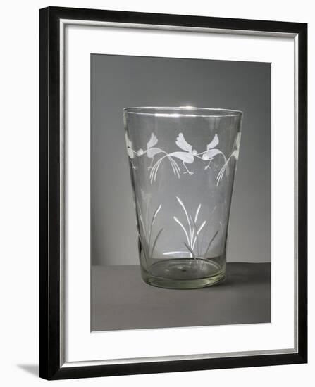 Flower Vase in White Glass with Engravings around the Rim Depicting Marsh Grasses and Wading Birds-null-Framed Giclee Print