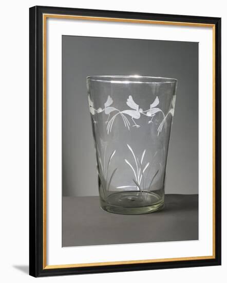 Flower Vase in White Glass with Engravings around the Rim Depicting Marsh Grasses and Wading Birds-null-Framed Giclee Print