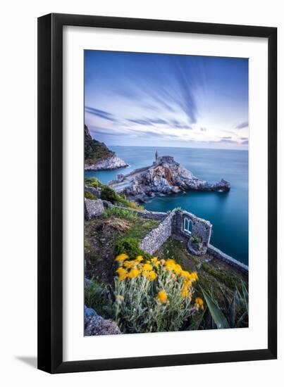 Flowers and blue sea frame the old castle and church at dusk, UNESCO World Heritage Site, Italy-Roberto Moiola-Framed Photographic Print