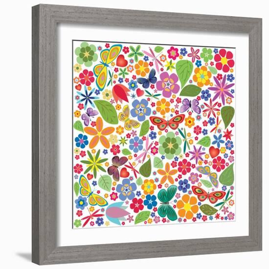 Flowers and Butterflies Colored Pattern-A7880S-Framed Art Print