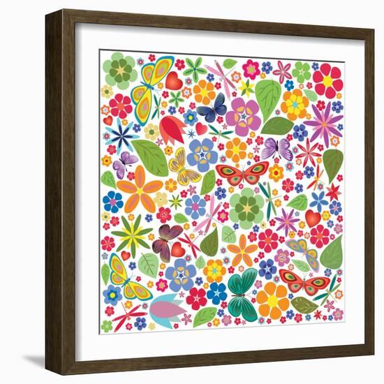 Flowers and Butterflies Colored Pattern-A7880S-Framed Art Print