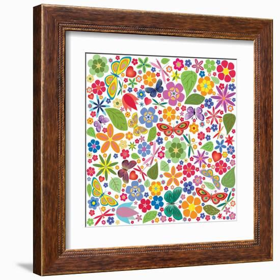 Flowers and Butterflies Colored Pattern-A7880S-Framed Art Print