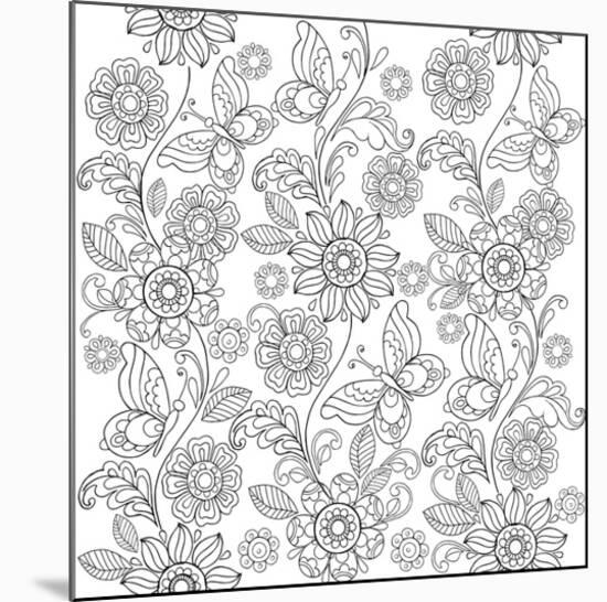 Flowers And Butterflies Coloring Art-null-Mounted Coloring Poster