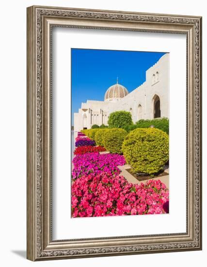 Flowers and dome of Sultan Gaboos Grand Mosque, Muscat, Oman-Jan Miracky-Framed Photographic Print