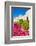 Flowers and dome of Sultan Gaboos Grand Mosque, Muscat, Oman-Jan Miracky-Framed Photographic Print