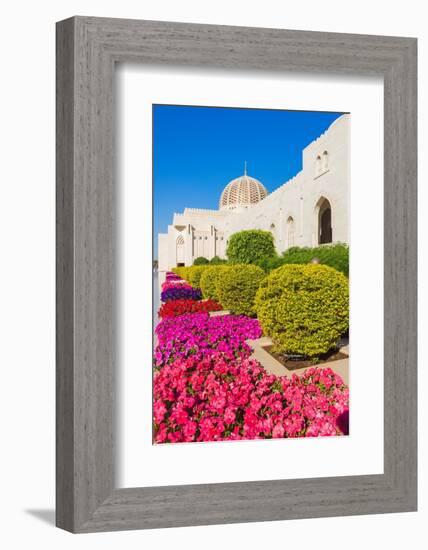 Flowers and dome of Sultan Gaboos Grand Mosque, Muscat, Oman-Jan Miracky-Framed Photographic Print