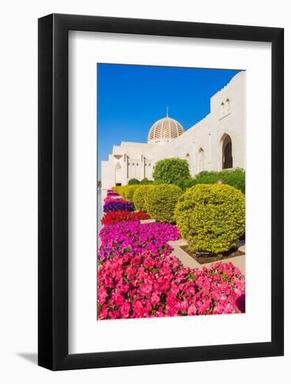 Flowers and dome of Sultan Gaboos Grand Mosque, Muscat, Oman-Jan Miracky-Framed Photographic Print