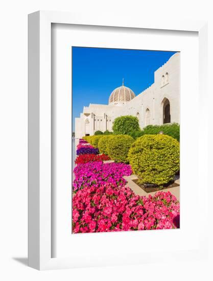 Flowers and dome of Sultan Gaboos Grand Mosque, Muscat, Oman-Jan Miracky-Framed Photographic Print