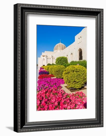 Flowers and dome of Sultan Gaboos Grand Mosque, Muscat, Oman-Jan Miracky-Framed Photographic Print