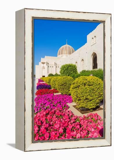 Flowers and dome of Sultan Gaboos Grand Mosque, Muscat, Oman-Jan Miracky-Framed Premier Image Canvas