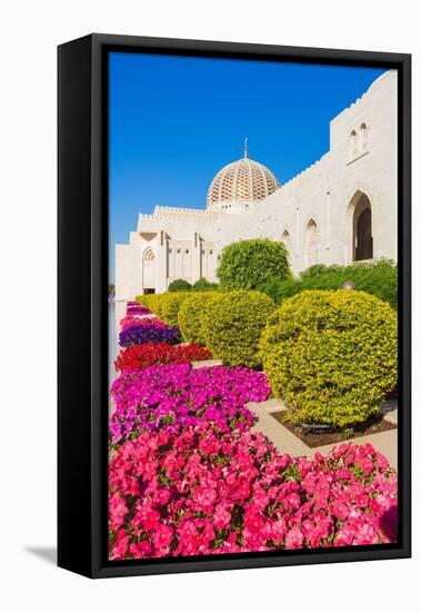 Flowers and dome of Sultan Gaboos Grand Mosque, Muscat, Oman-Jan Miracky-Framed Premier Image Canvas