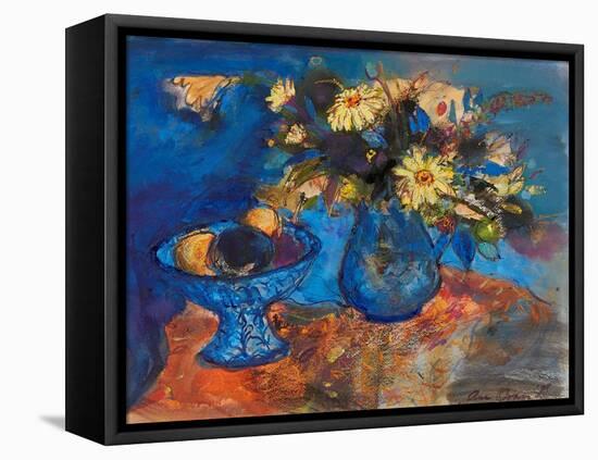 Flowers and Fruit on Blue and Orange (Ink and Watercolour)-Ann Oram-Framed Premier Image Canvas