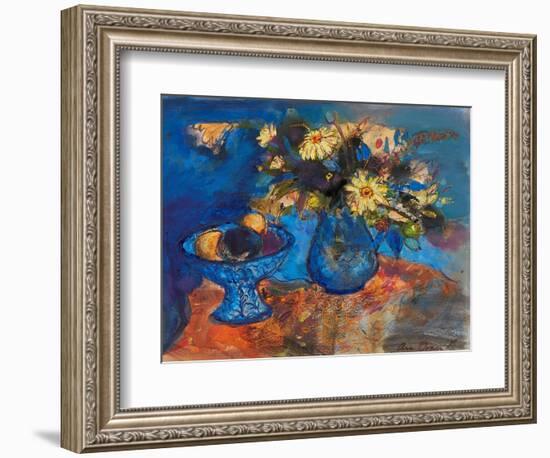 Flowers and Fruit on Blue and Orange (Ink and Watercolour)-Ann Oram-Framed Giclee Print