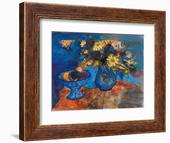 Flowers and Fruit on Blue and Orange (Ink and Watercolour)-Ann Oram-Framed Giclee Print