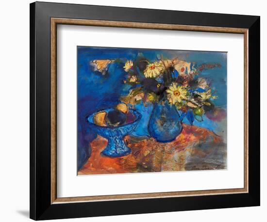 Flowers and Fruit on Blue and Orange (Ink and Watercolour)-Ann Oram-Framed Giclee Print