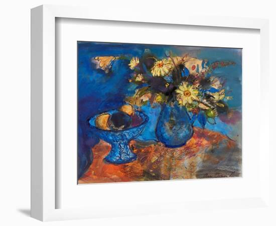 Flowers and Fruit on Blue and Orange (Ink and Watercolour)-Ann Oram-Framed Giclee Print