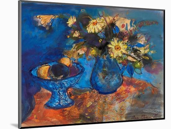 Flowers and Fruit on Blue and Orange (Ink and Watercolour)-Ann Oram-Mounted Giclee Print