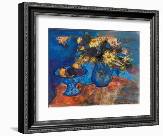 Flowers and Fruit on Blue and Orange (Ink and Watercolour)-Ann Oram-Framed Giclee Print