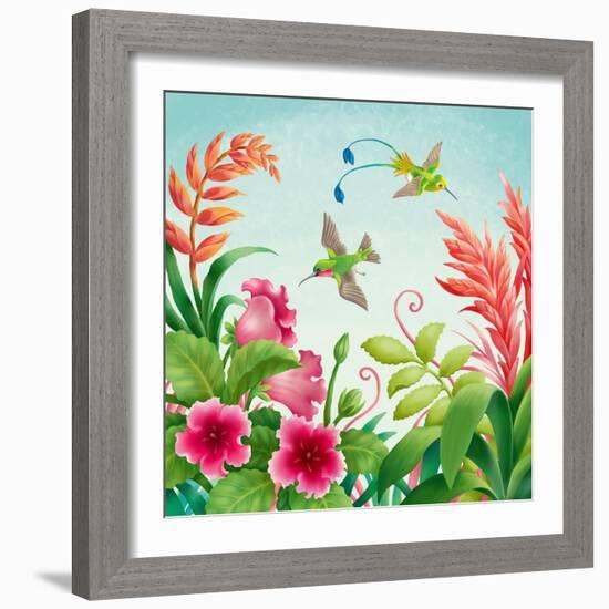 Flowers and Hummingbirds-Olga Kovaleva-Framed Giclee Print