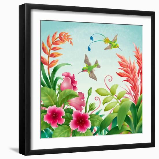 Flowers and Hummingbirds-Olga Kovaleva-Framed Giclee Print