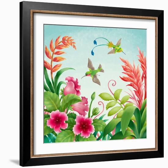 Flowers and Hummingbirds-Olga Kovaleva-Framed Giclee Print