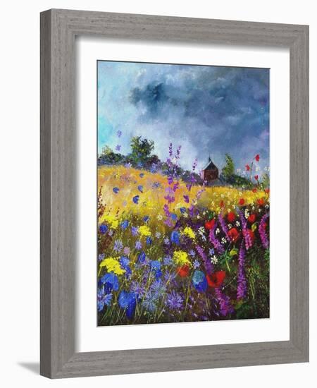 Flowers and old chapel-Pol Ledent-Framed Art Print