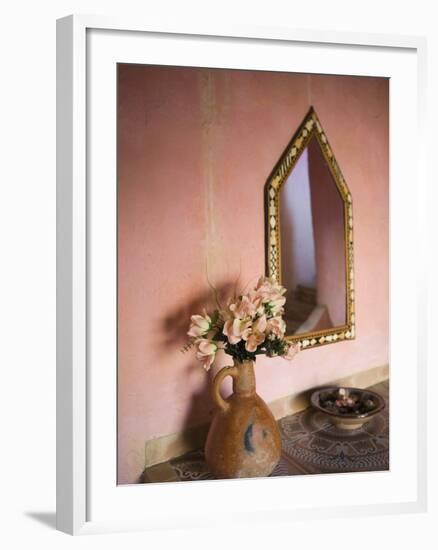 Flowers and Room Detail in Dessert House (Chez Julia), Merzouga, Tafilalt, Morocco-Walter Bibikow-Framed Photographic Print