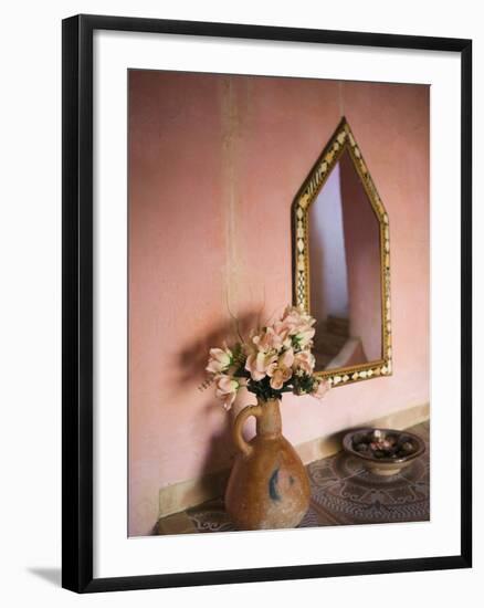 Flowers and Room Detail in Dessert House (Chez Julia), Merzouga, Tafilalt, Morocco-Walter Bibikow-Framed Photographic Print