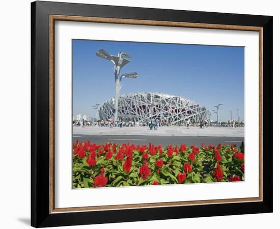 Flowers and the Birds Nest National Stadium in the Olympic Green, Beijing, China-Kober Christian-Framed Photographic Print