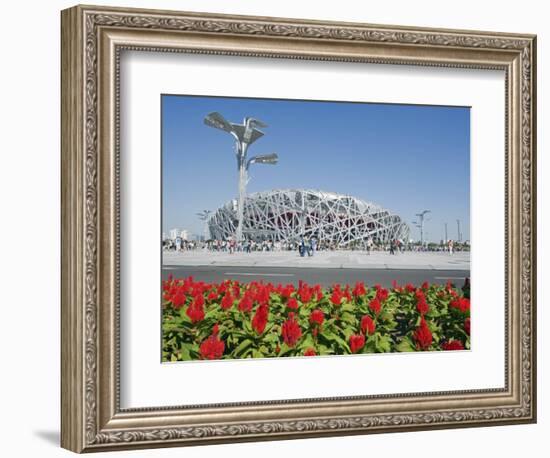 Flowers and the Birds Nest National Stadium in the Olympic Green, Beijing, China-Kober Christian-Framed Photographic Print