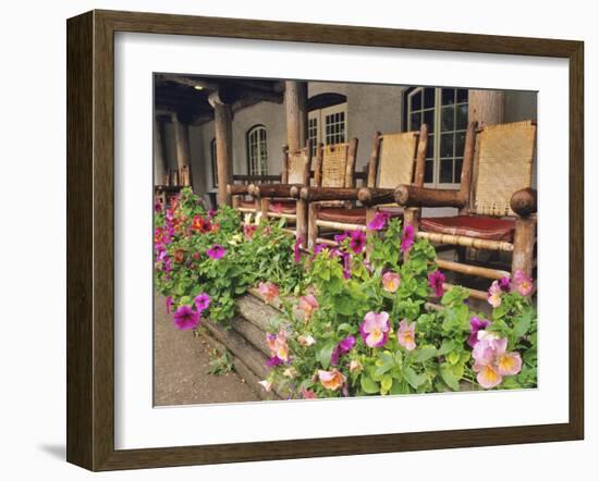 Flowers and Wooden Chairs at Lake McDonald Lodge, Glacier National Park, Montana, USA-Chuck Haney-Framed Photographic Print