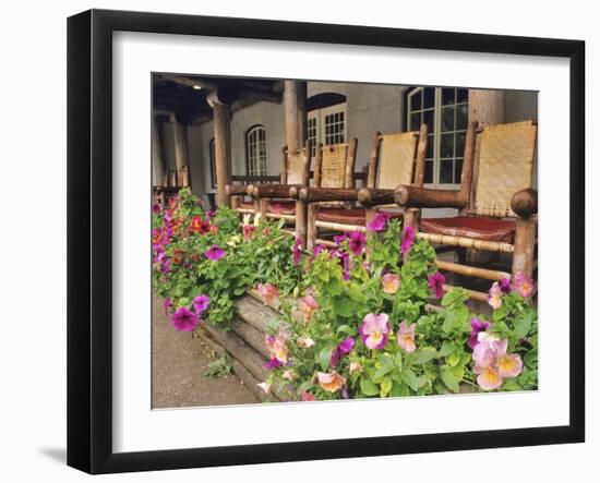 Flowers and Wooden Chairs at Lake McDonald Lodge, Glacier National Park, Montana, USA-Chuck Haney-Framed Photographic Print