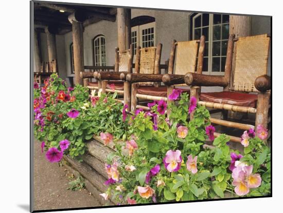 Flowers and Wooden Chairs at Lake McDonald Lodge, Glacier National Park, Montana, USA-Chuck Haney-Mounted Photographic Print