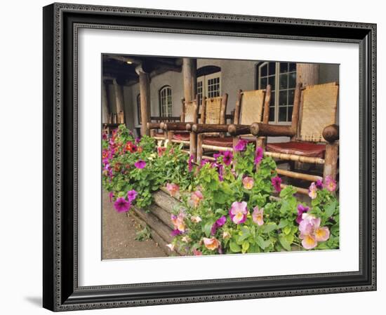 Flowers and Wooden Chairs at Lake McDonald Lodge, Glacier National Park, Montana, USA-Chuck Haney-Framed Photographic Print