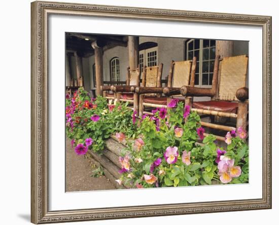 Flowers and Wooden Chairs at Lake McDonald Lodge, Glacier National Park, Montana, USA-Chuck Haney-Framed Photographic Print