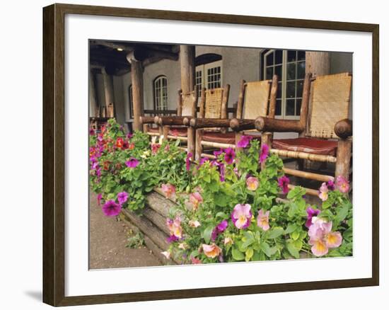 Flowers and Wooden Chairs at Lake McDonald Lodge, Glacier National Park, Montana, USA-Chuck Haney-Framed Photographic Print