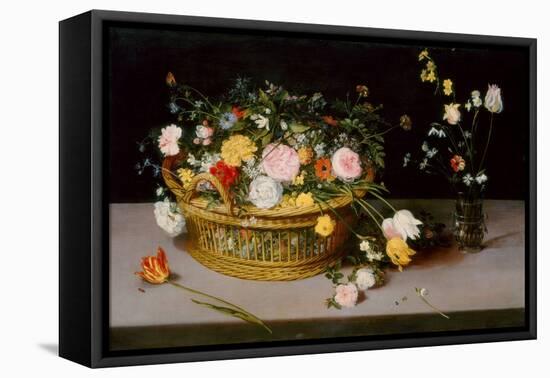 Flowers in a Basket and a Vase, 1615 (Oil on Panel)-Jan the Elder Brueghel-Framed Premier Image Canvas