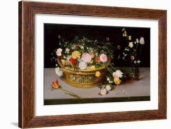 Flowers in a Basket and a Vase, 1615 (Oil on Panel)-Jan the Elder Brueghel-Framed Giclee Print