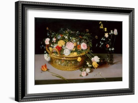 Flowers in a Basket and a Vase, 1615 (Oil on Panel)-Jan the Elder Brueghel-Framed Giclee Print