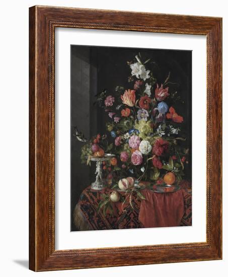 Flowers in a Glass Vase on a Draped Table, with a Silver Tazza, Fruit, Insects and Birds-Jan Davidsz de Heem-Framed Giclee Print