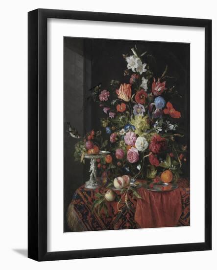 Flowers in a Glass Vase on a Draped Table, with a Silver Tazza, Fruit, Insects and Birds-Jan Davidsz de Heem-Framed Giclee Print