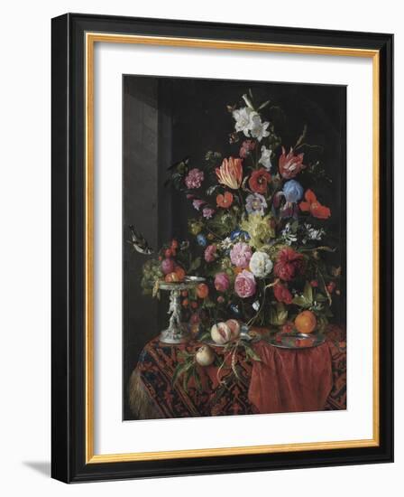 Flowers in a Glass Vase on a Draped Table, with a Silver Tazza, Fruit, Insects and Birds-Jan Davidsz de Heem-Framed Giclee Print